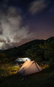 Preview wallpaper tents, hills, mountains, night, dark