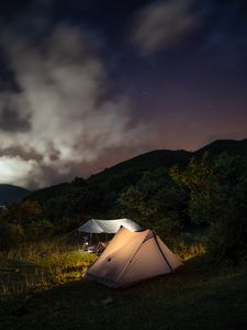 Preview wallpaper tents, hills, mountains, night, dark