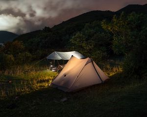Preview wallpaper tents, hills, mountains, night, dark