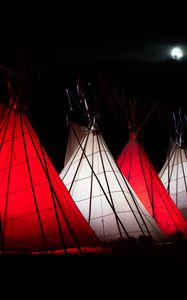Preview wallpaper tents, red, white, glow, night
