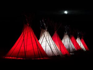 Preview wallpaper tents, red, white, glow, night