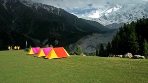 Preview wallpaper tents, rest, bright, tourists, glade, climbers