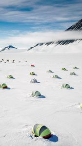 Preview wallpaper tents, snow, plain, winter, mountains, white