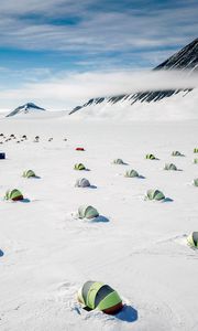 Preview wallpaper tents, snow, plain, winter, mountains, white