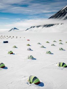 Preview wallpaper tents, snow, plain, winter, mountains, white