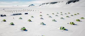 Preview wallpaper tents, snow, plain, winter, mountains, white