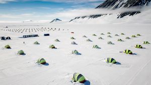 Preview wallpaper tents, snow, plain, winter, mountains, white