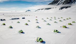 Preview wallpaper tents, snow, plain, winter, mountains, white