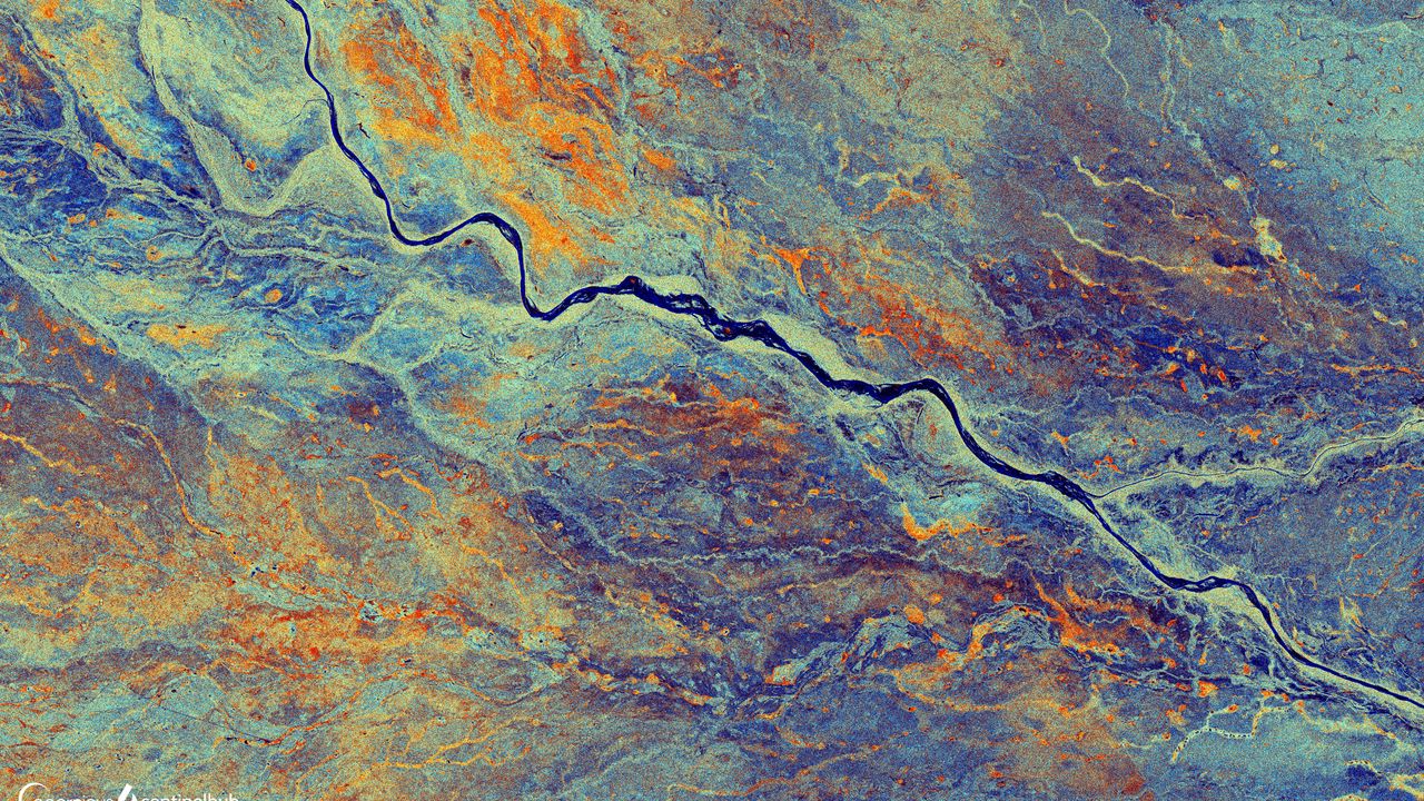 Wallpaper terrain, river, surface, satellite, aerial view