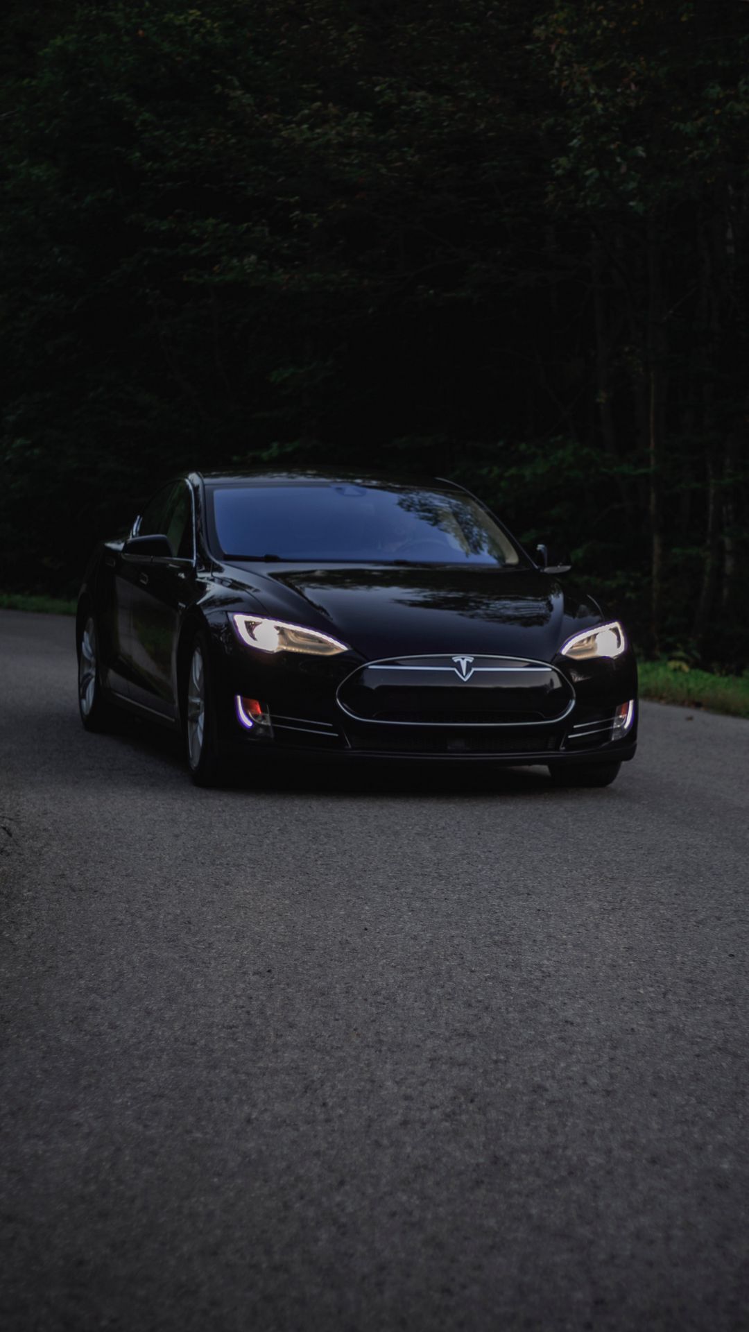 1080x1920 Wallpaper tesla, car, asphalt, dark, forest