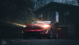 Preview wallpaper tesla model s, tesla, car, red, headlights