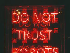 Preview wallpaper text, neon, red, trust, robots