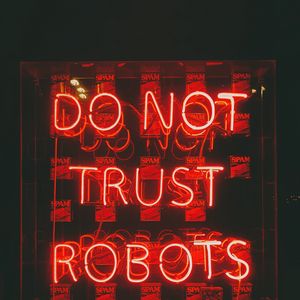 Preview wallpaper text, neon, red, trust, robots
