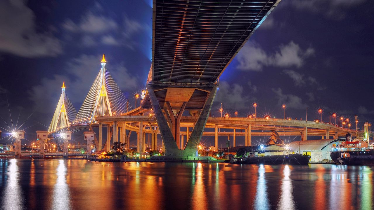 Wallpaper thailand, bangkok, bridge, night, lights, lamps, river, reflection, hdr