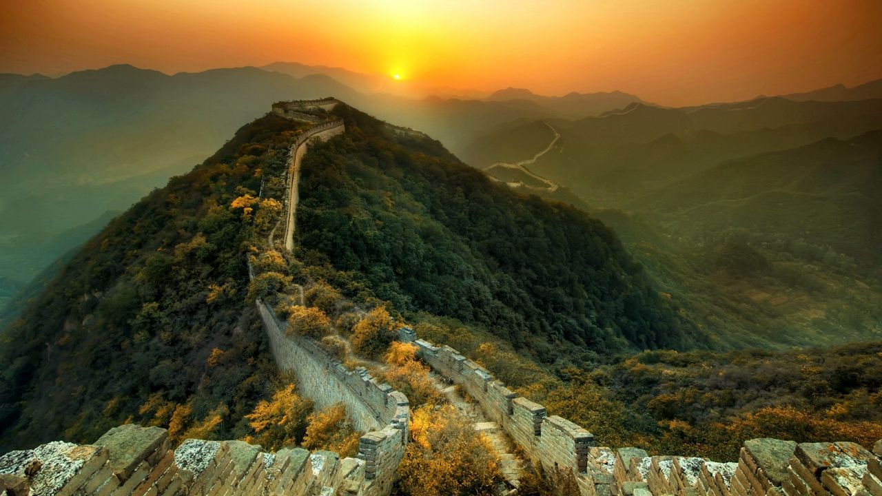 Wallpaper the great wall of china, grass, top view, beautifully