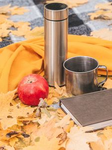 Preview wallpaper thermos, mug, apple, book, autumn