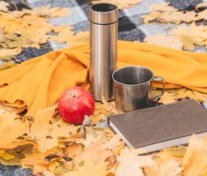 Preview wallpaper thermos, mug, apple, book, autumn