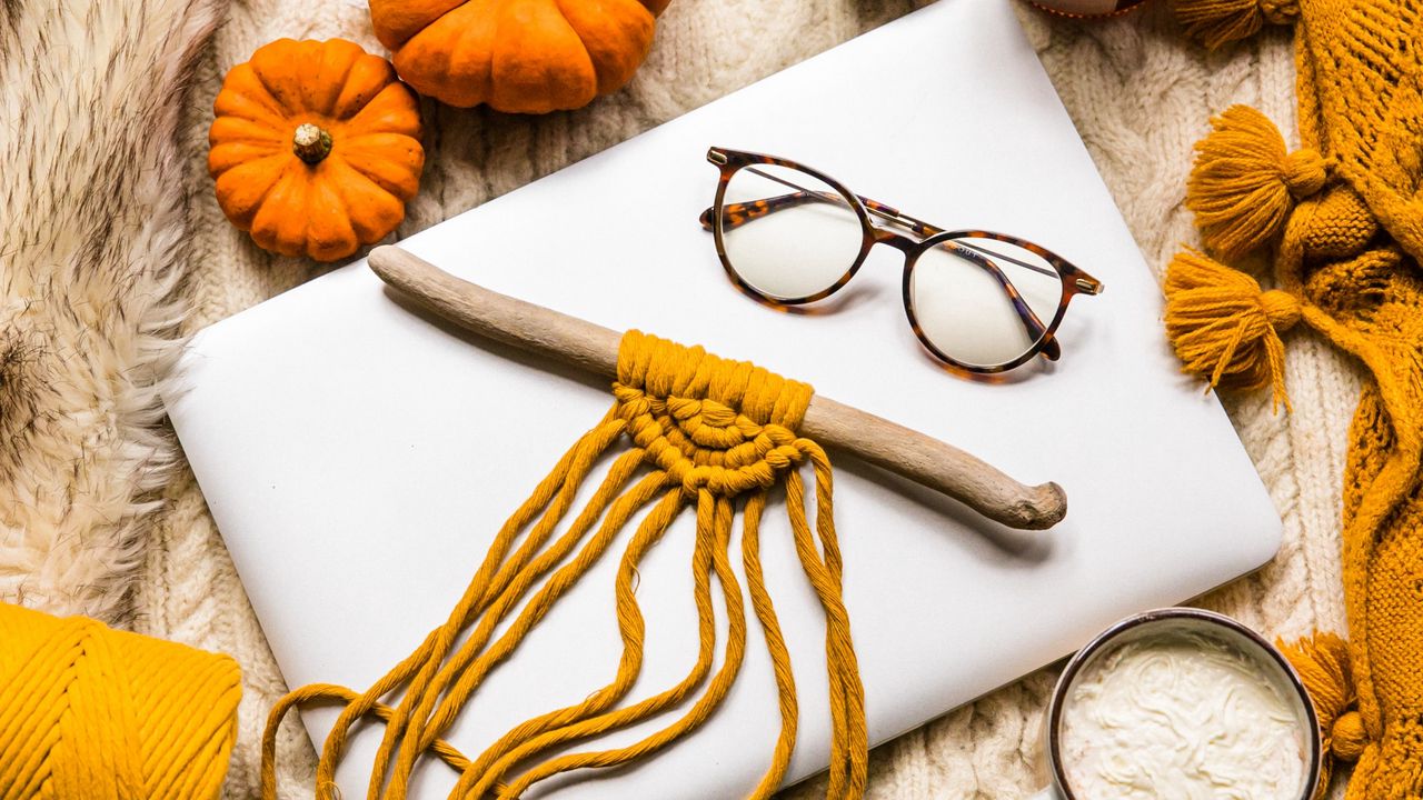 Wallpaper threads, knitting, glasses, pumpkin, laptop