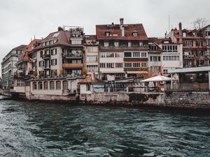 Preview wallpaper thun, switzerland, building, river, shore