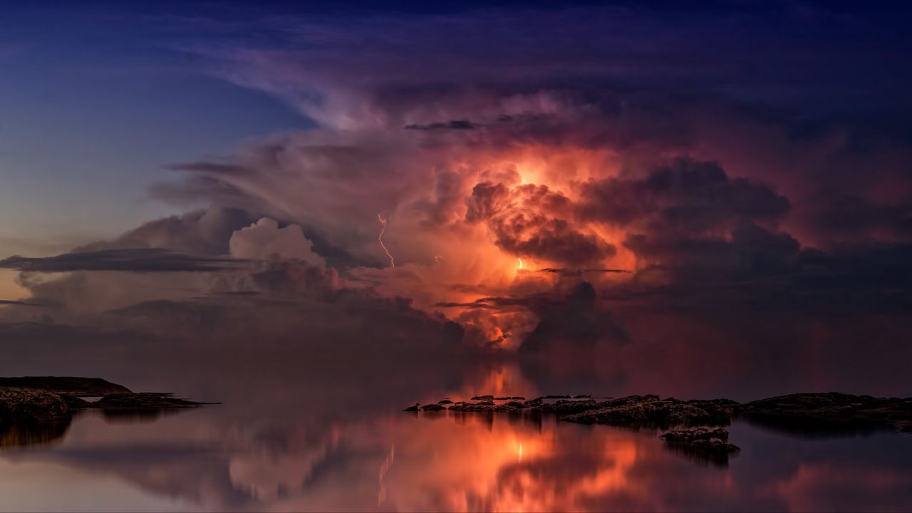 Wallpaper thunderstorm, clouds, ocean, coast, twilight