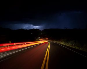Preview wallpaper thunderstorm, lightning, road, night, markup, turn