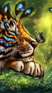 Preview wallpaper tiger, art, butterfly, muzzle, dream, fabulous