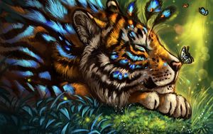Preview wallpaper tiger, art, butterfly, muzzle, dream, fabulous