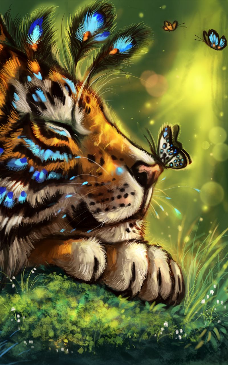Download wallpaper 800x1280 tiger, art, butterfly, muzzle, dream, fabulous  samsung galaxy note gt-n7000, meizu mx2 hd background