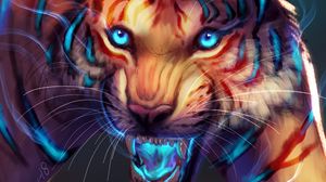 Preview wallpaper tiger, art, grin, glow, muzzle, predator