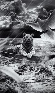 Preview wallpaper tiger, boat, sailing, sky, light