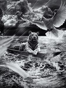 Preview wallpaper tiger, boat, sailing, sky, light