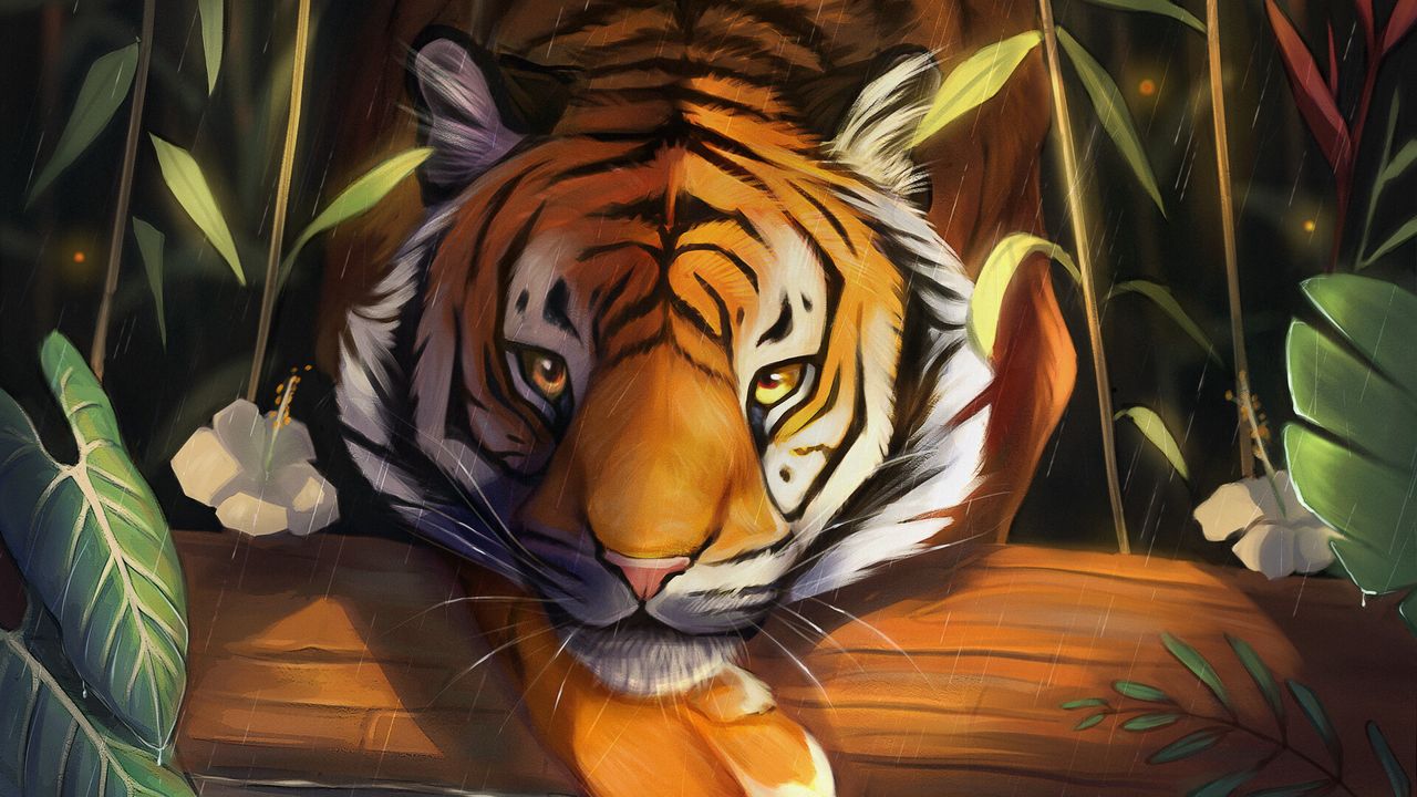 Wallpaper tiger, cute, rain, art