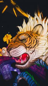 Preview wallpaper tiger, dragon, flowers, chinese lanterns, night, colorful