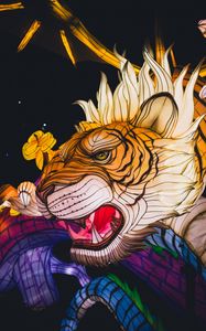 Preview wallpaper tiger, dragon, flowers, chinese lanterns, night, colorful