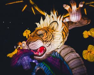 Preview wallpaper tiger, dragon, flowers, chinese lanterns, night, colorful