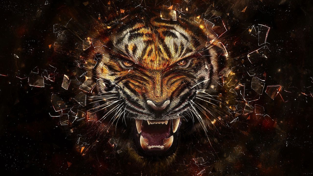 Wallpaper tiger, glass, shards, aggression, teeth