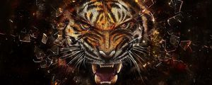 Preview wallpaper tiger, glass, shards, aggression, teeth