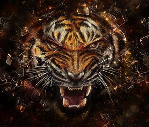 Preview wallpaper tiger, glass, shards, aggression, teeth