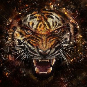 Preview wallpaper tiger, glass, shards, aggression, teeth