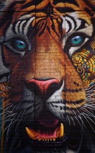 Preview wallpaper tiger, graffiti, street art, wall, colorful