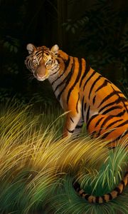 Preview wallpaper tiger, grass, art, predator, striped