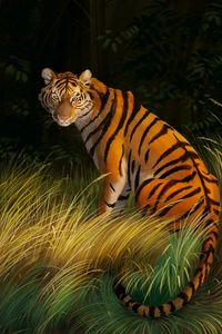 Preview wallpaper tiger, grass, art, predator, striped
