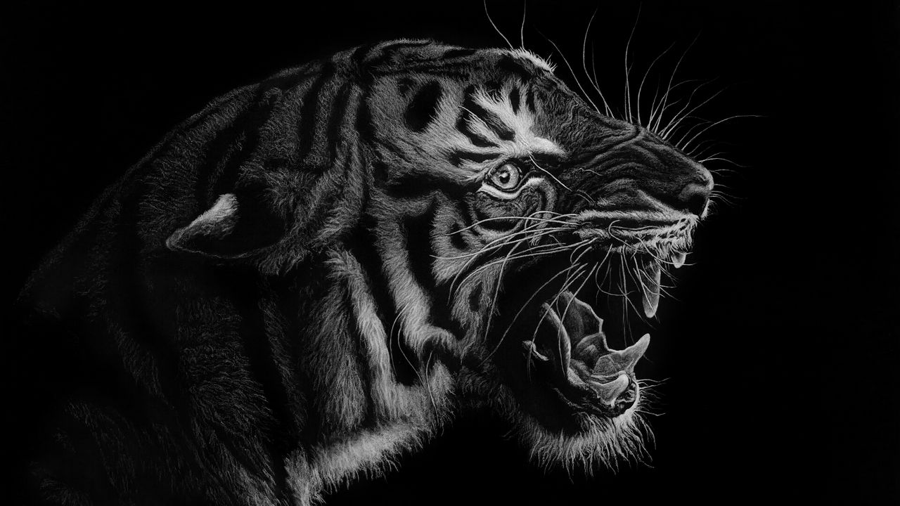 Wallpaper tiger, grin, art, bw, predator