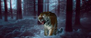 Preview wallpaper tiger, grin, photoshop, forest, fog