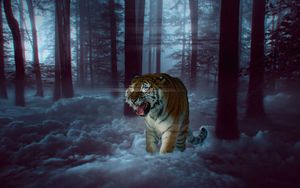 Preview wallpaper tiger, grin, photoshop, forest, fog