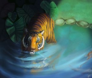 Preview wallpaper tiger, lake, art, glance, predator