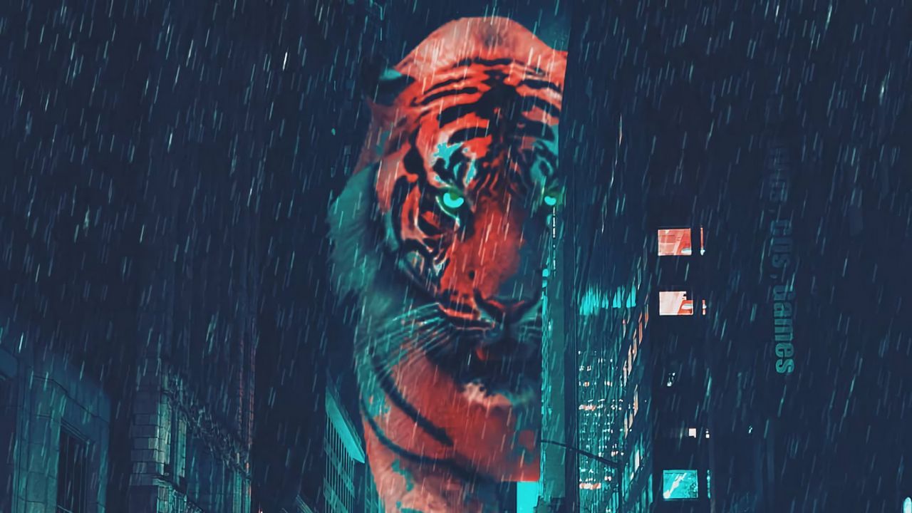 Wallpaper tiger, night city, giant, street, neon