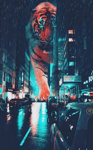 Preview wallpaper tiger, night city, giant, street, neon