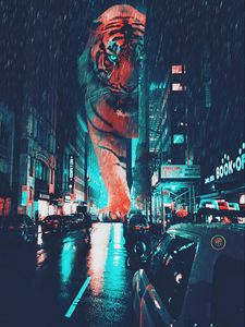 Preview wallpaper tiger, night city, giant, street, neon