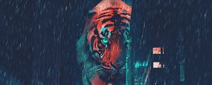 Preview wallpaper tiger, night city, giant, street, neon